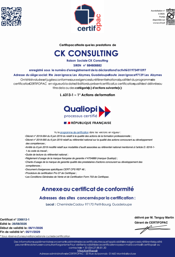 Certificat Qualiopi - Numéro de certificat 236612-1 - Date dernière édition 26082026